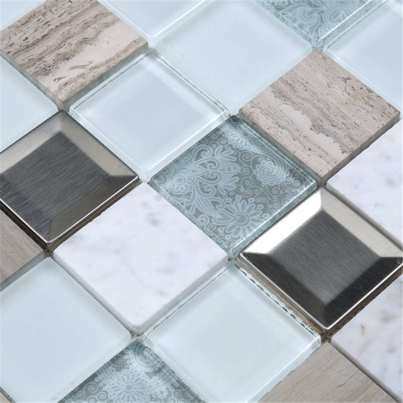 Hochwertige Blumenmuster Seashell Glas Mix Edelstahl Metall Backsplash lila Mosaik Hotel Badezimmer Fliesen