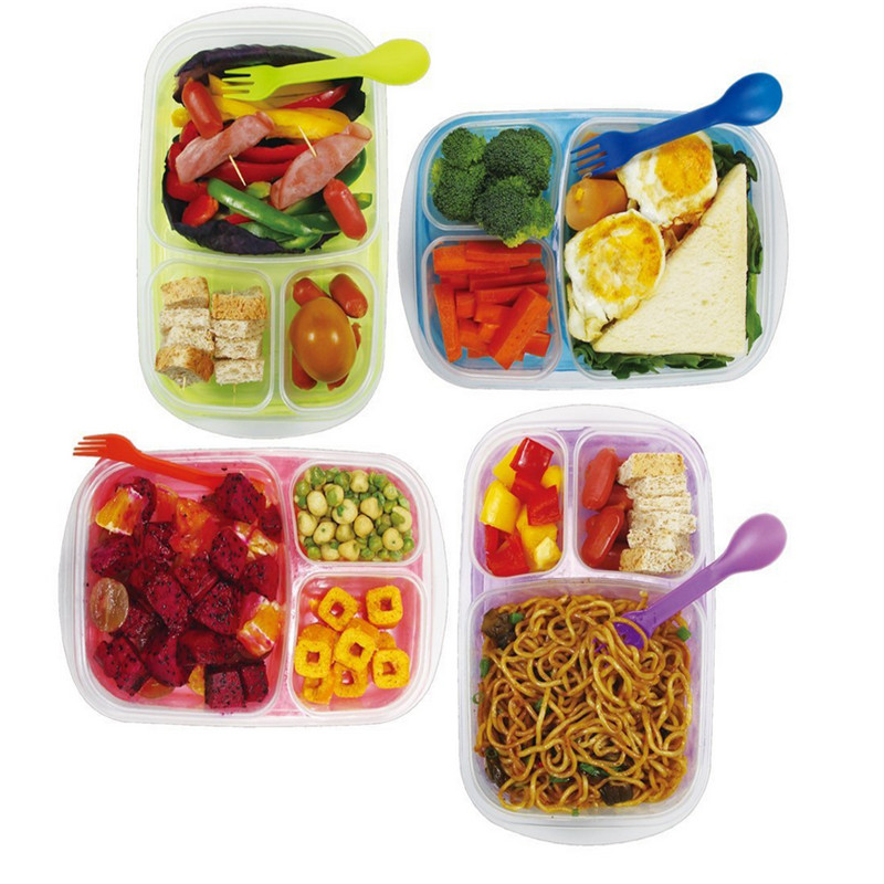 Portable Easy School / Office 3 Compartment Bento Lunch Box Meal Prep Food Container
