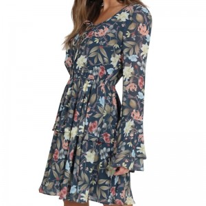 Glocke Ärmel für Damenmode Druck Minikleid