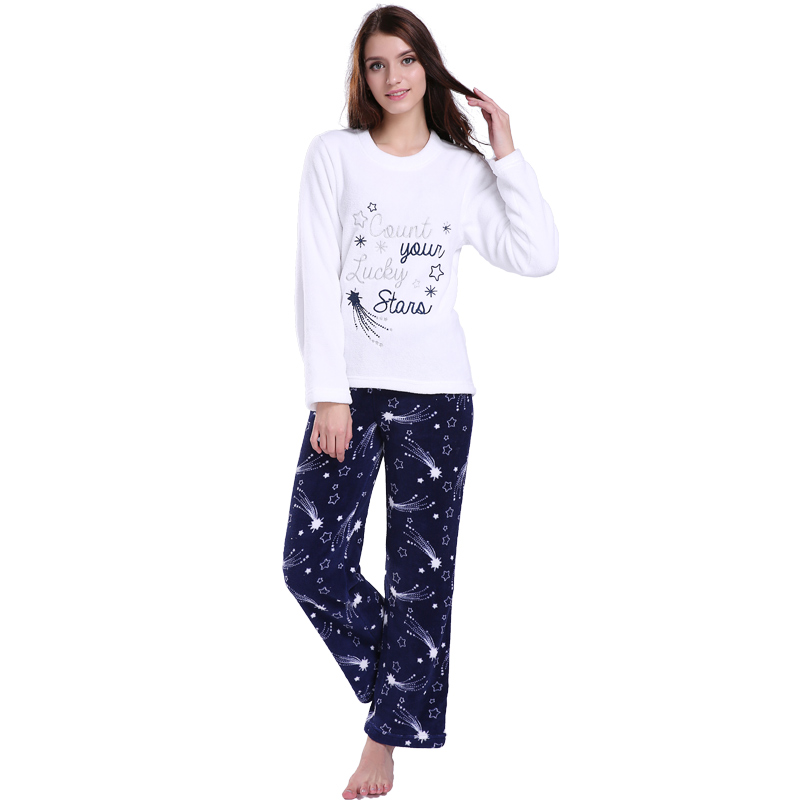 Frauen Stickerei gedruckt Mikrofaser Fleece Pyjama Set