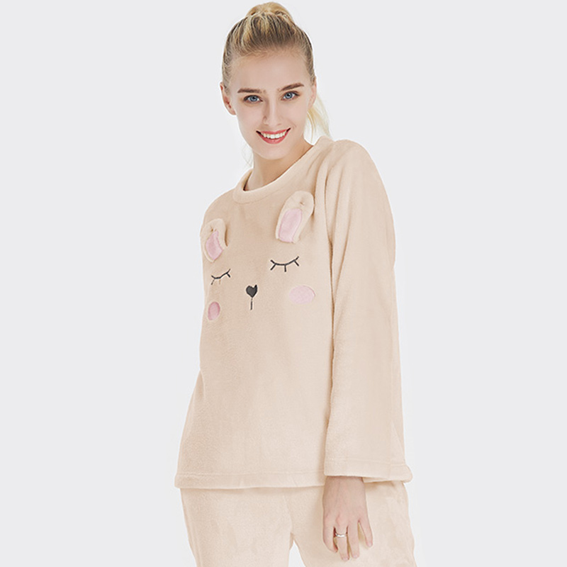 Frauen-Flanell-Vlies-Tierstickerei-Kaninchen-Pyjama-Satz