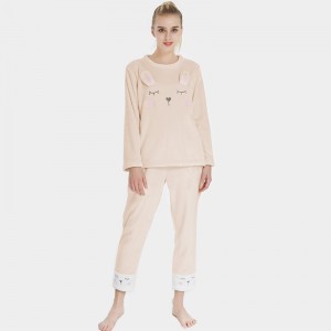 Frauen-Flanell-Vlies-Tierstickerei-Kaninchen-Pyjama-Satz
