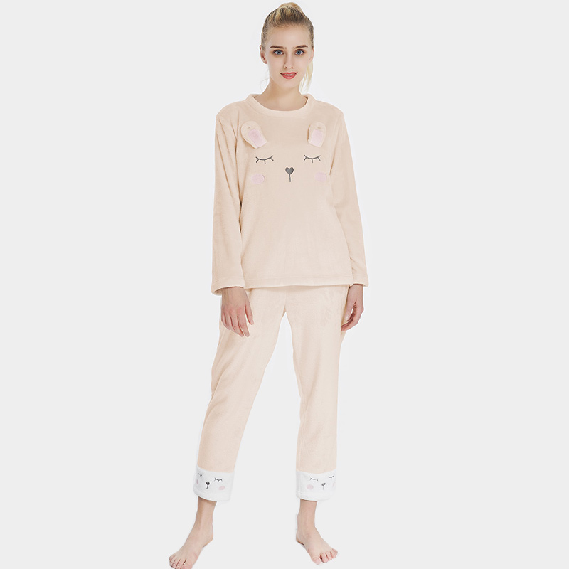 Frauen-Flanell-Vlies-Tierstickerei-Kaninchen-Pyjama-Satz