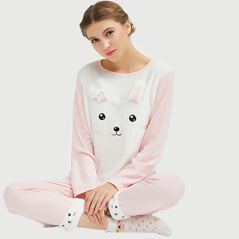 Frauen-Flanell-Vlies-Tierstickerei-Katzen-Pyjama-Satz