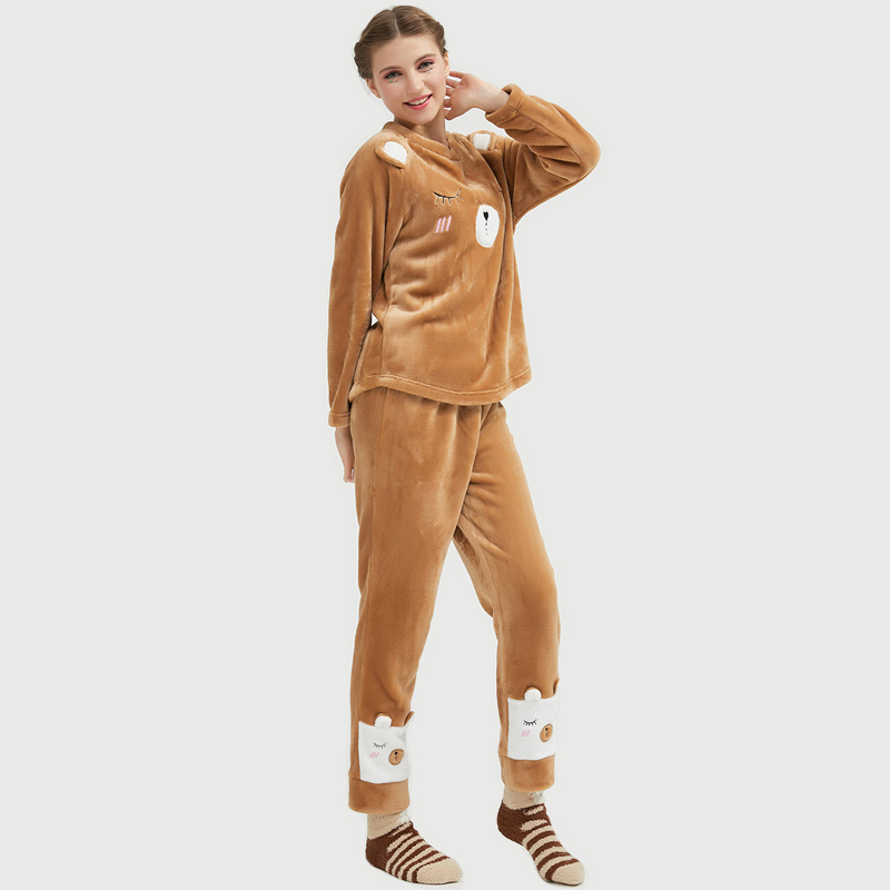 Frauen-Flanell-Vlies-Tierstickerei-Bärn-Pyjama-Satz