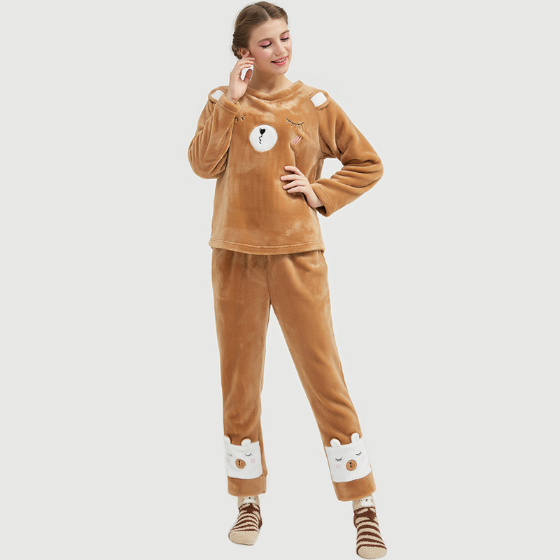 Frauen-Flanell-Vlies-Tierstickerei-Bärn-Pyjama-Satz