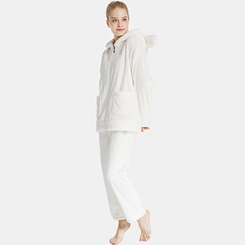 Frauen kuscheln Fleece Stickerei mit Kapuze Pyjama Set