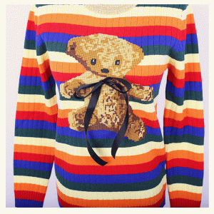 Benutzerdefinierte ODM Teddybär Intarsia Regenbogen Streifen Frauen Tuch Pullover Pullover