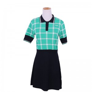 Custom Design Kurzarm Polo Kragen Kontrast Farben Plaids Büro Damen Strickpullover Kleid