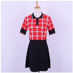 Custom Design Kurzarm Polo Kragen Kontrast Farben Plaids Büro Damen Strickpullover Kleid