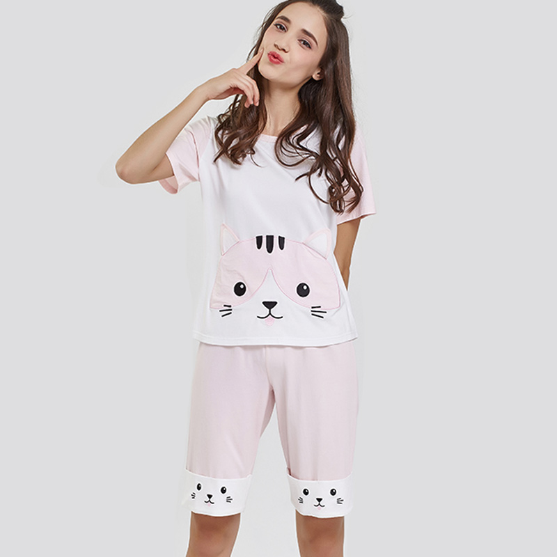 Frauen Modal Jersey Stoff Katze Stickerei Pyjama Set