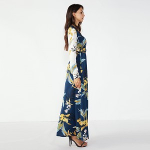 Gerade Kleidungsstile Blumen Maxi Langarm Kleid