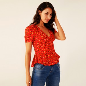 Frauen tief V Sommer rote Rüschen Floral Plissee Print Bluse