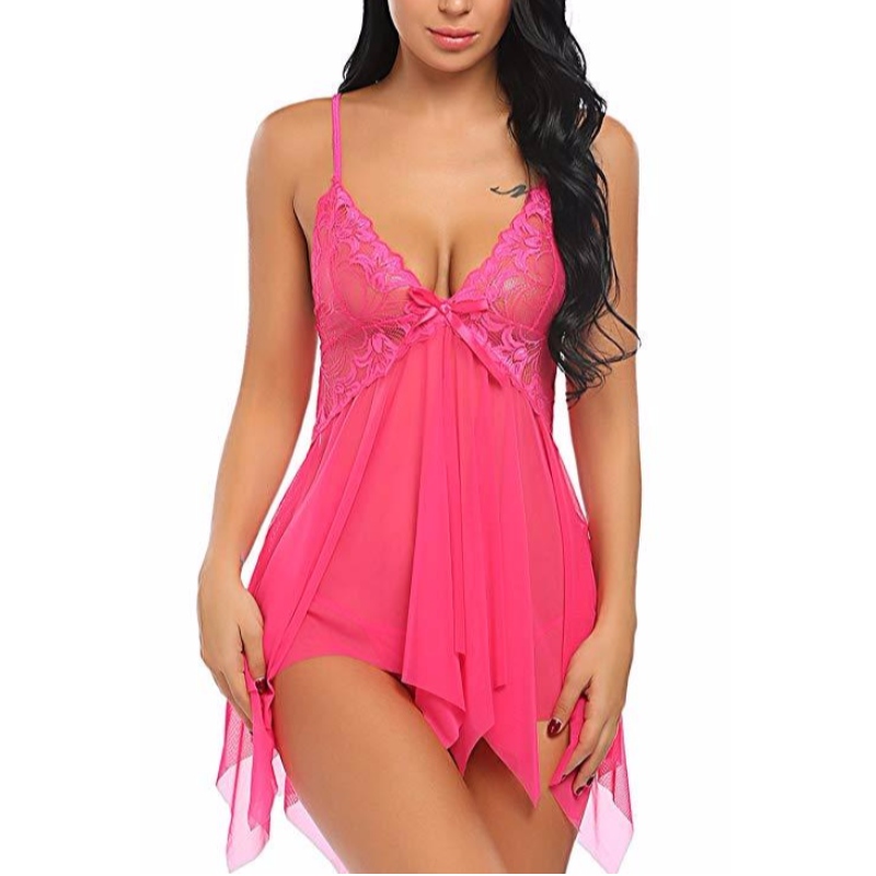 Frauen Sexy Dessous Spitze Babydoll V-Ausschnitt Nachtwäsche Strap Chemise in mehreren Farben Rose-Team