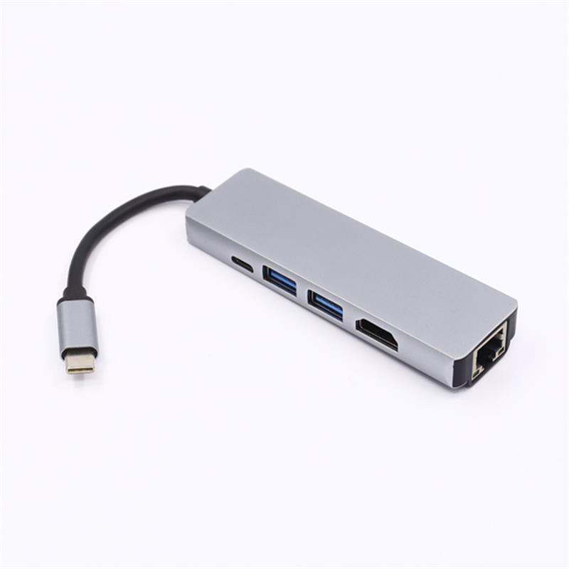 5-in-1 USB Typ C zu HDMI + LAN (1000M) + USB 3.0x2 + Typ C Hub Adapter