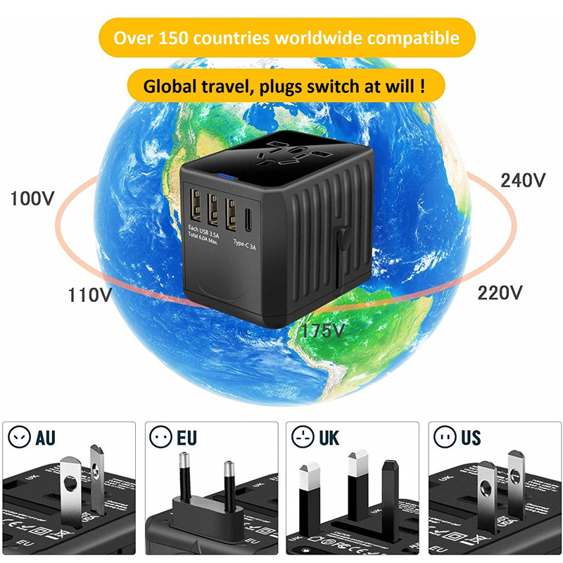 RRTRAVEL Internationaler Reiseadapter Universal-Netzteil weltweit All-in-One 4 USB mit elektrischem Stecker Perfekt für europäische Länder in den USA, der EU, Großbritannien und den AU 160