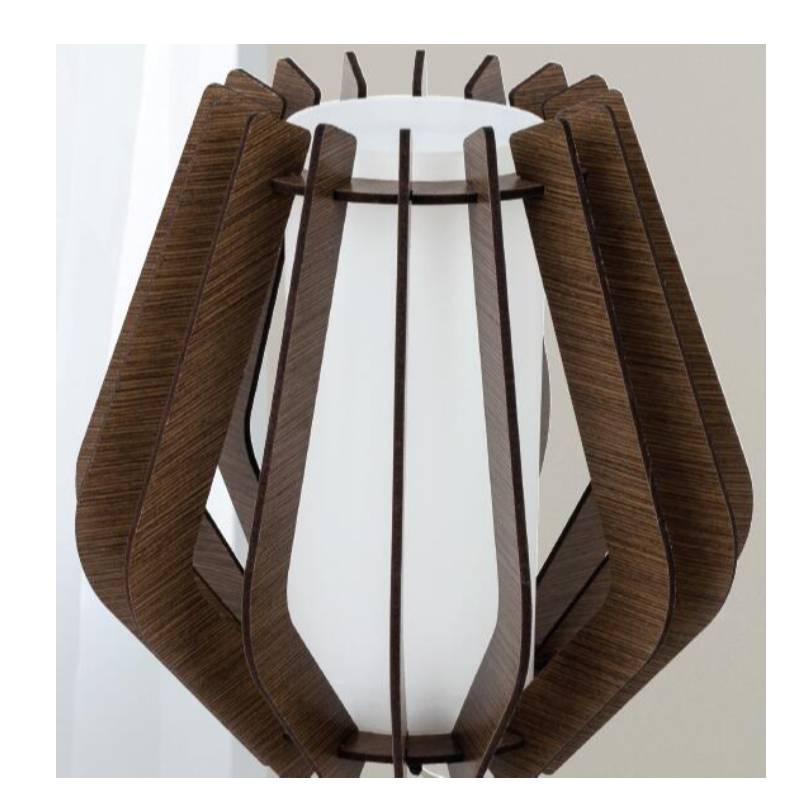 Dunkelbraune Holztischlampe mit Glasschirm