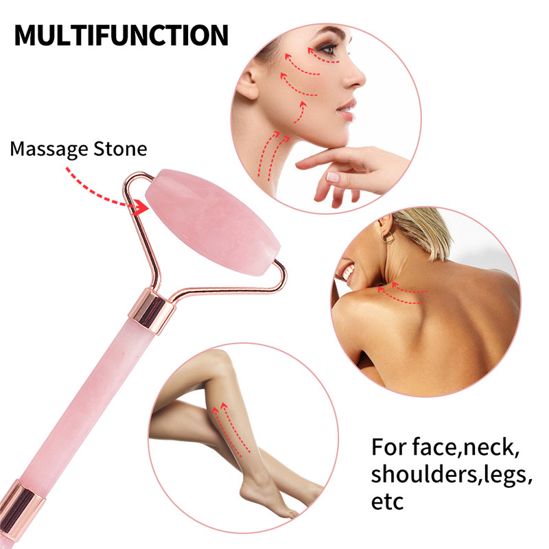 Jade Roller, 100% Rose Quartz Roller & Scraping Plate & Mask Brush und Face Cleaning Brush 4 Functional Face Massager for Face Eye Neck Body