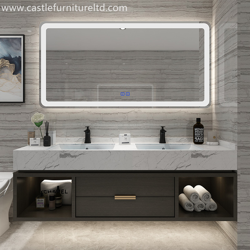 Kombination von Eiche Badezimmerschrank Nordic einfache Massivholzschrank Badezimmer intelligenten Spiegel Badezimmer Waschung Gurgeln Bühne Marmor Waschbecken