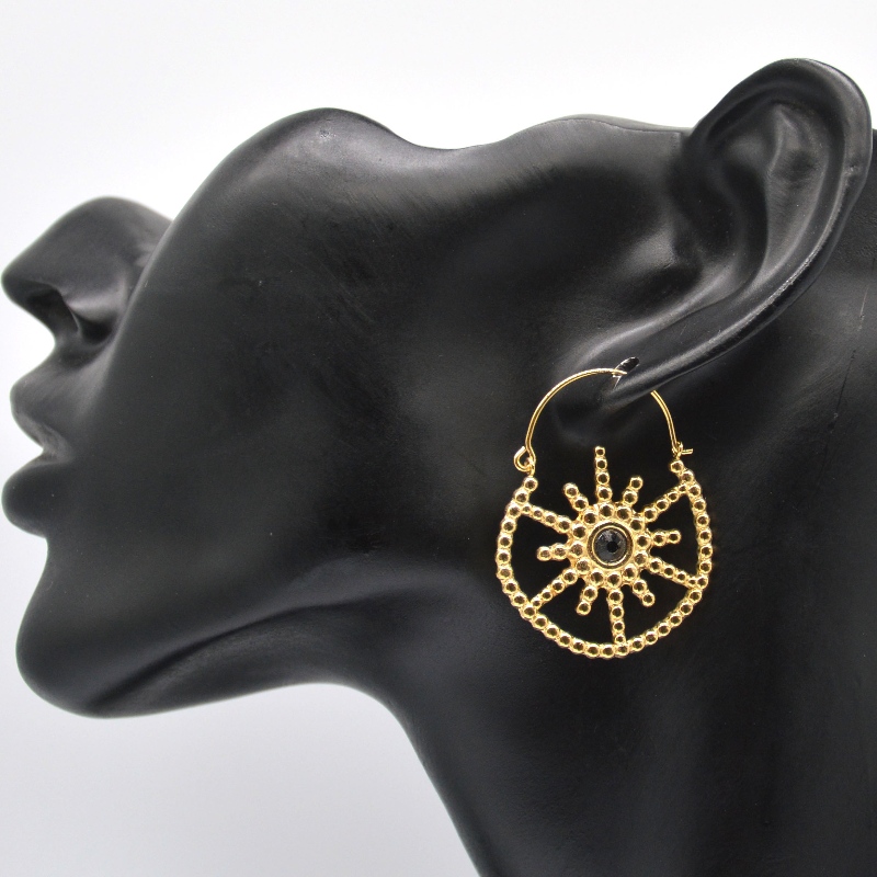 Damen vergoldeten Schmuck böhmischen Stil Vintage Blumen schwarz Achat Ohrringe China Ruifanbao Schmuck Verarbeitungsfabrik