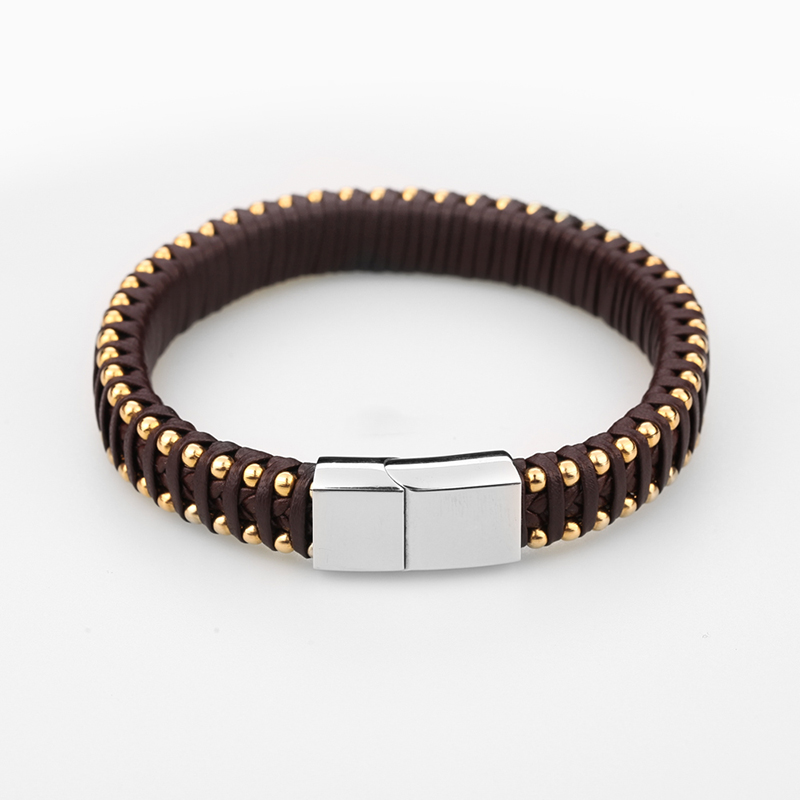 Großhandel Edelstahl zweifarbigen Leder Armband Armreif