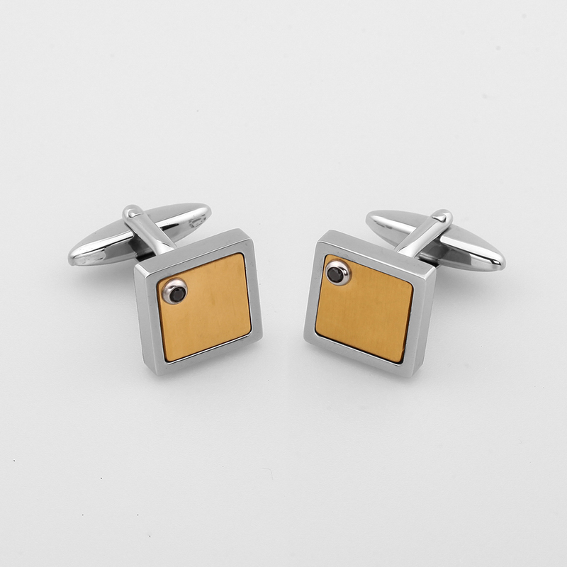 Zweifarbige vergoldete Edelstahlmanschettenknöpfe für Herren Schwarzer CZ-Stein