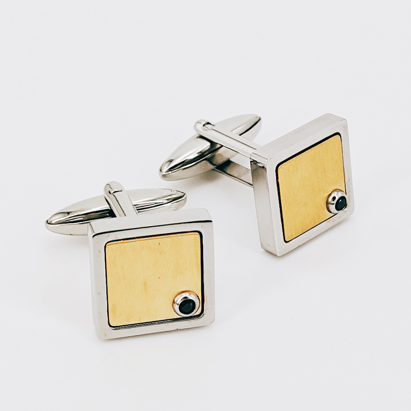 Zweifarbige vergoldete Edelstahlmanschettenknöpfe für Herren Schwarzer CZ-Stein