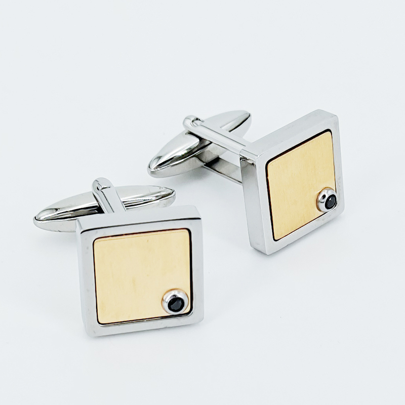 Zweifarbige vergoldete Edelstahlmanschettenknöpfe für Herren Schwarzer CZ-Stein