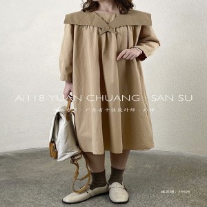 Locker sitzendes Design Minimalistisch Stilvoll Lässig Einfarbig Bedruckte Farbe Baumwolle und Leinen übergroße benutzerdefinierte 19595 Hemdkleider