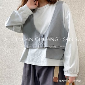 Loose-fitting Design Minimalist Round Collar Stil Stummel Sleeve Stil Casual Solid Farbe Baumwolle und Leinen überdimensioniert 19608 T-Shirts + Waistcoats