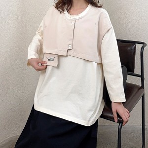 Loose-fitting Design Minimalist Round Collar Stil Stummel Sleeve Stil Casual Solid Farbe Baumwolle und Leinen übergroße kundenspezifische 12729 False Off 160;two-pieces Sweatshirts