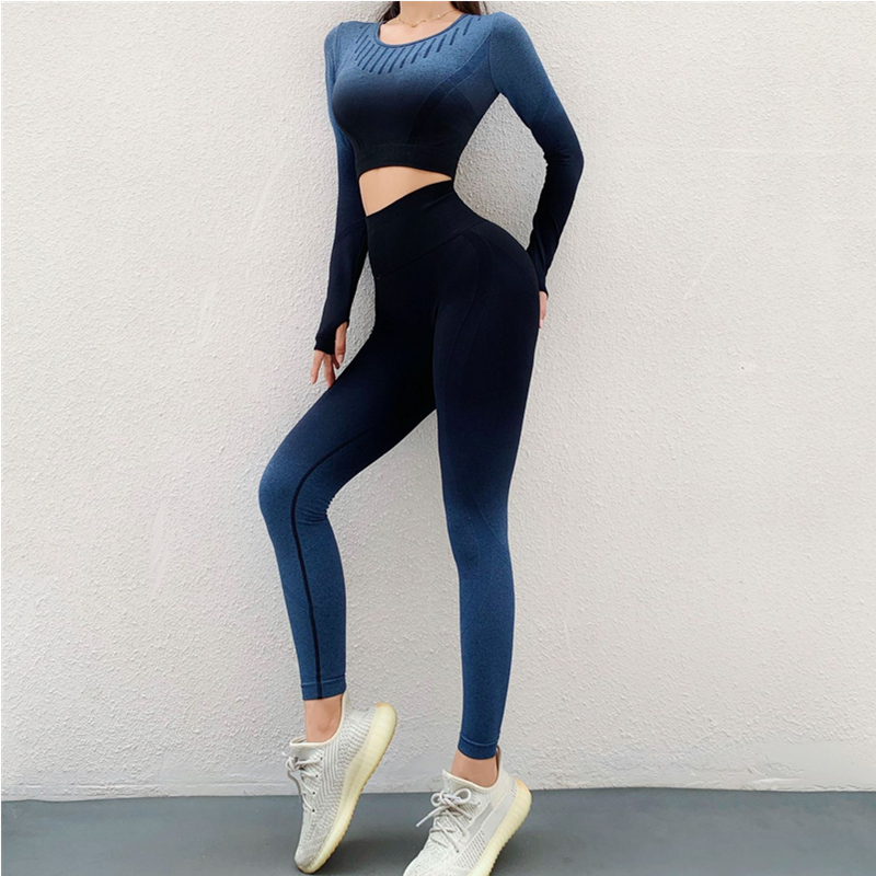 Nahtloses Set Langarm Yoga tragen Frauen Strumpfhosen 2021neue Design Leggings und Shirt