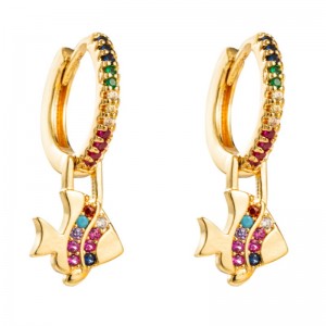 Europäische und amerikanische mode ohrringe regenbogenserie kleine fische form ohrringe ohrringe messing vergoldet micro-inline farbe zirkonohrringe