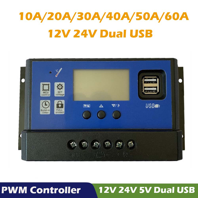 PWM Solar Ladegerät Controller 60A 50A 40A 30A 20A 10A 12V 24V Batterieladegerät LCD Dual USB Solar Panel Regler MAX 50V PV-Eingang