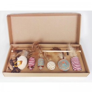 Haustier holzstange feder lustige katze stick kombination katze spielzeug set box sieben stück maus siseal ball lustige katze artefakt