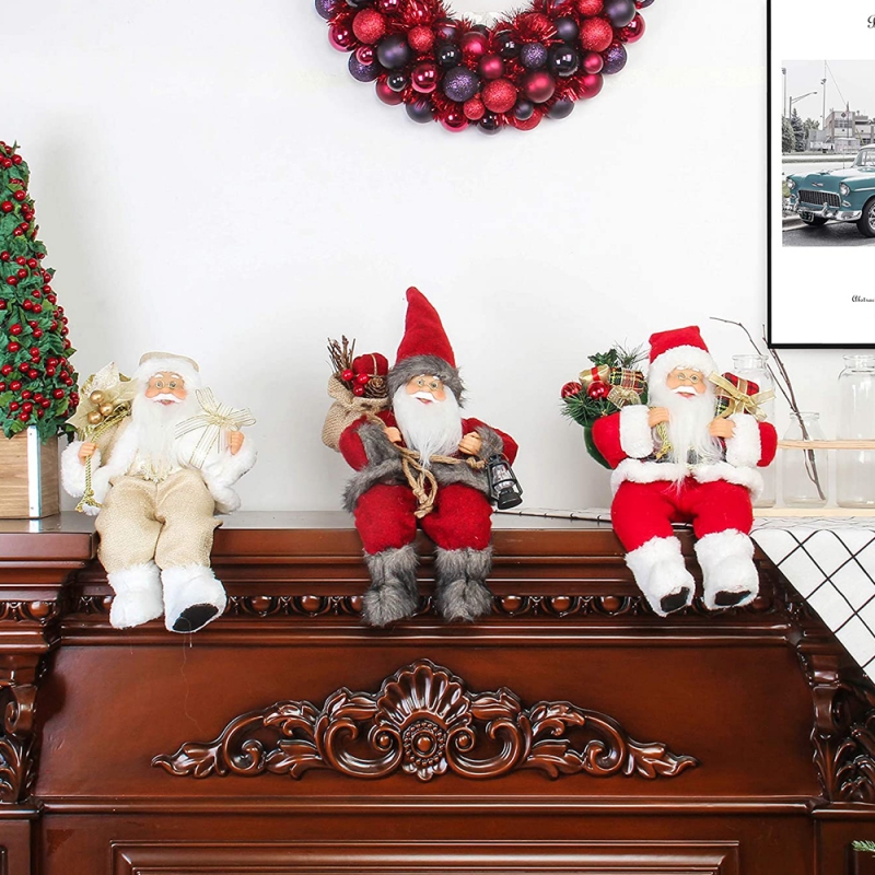 12Inch Sitzen Goldener Santa Claus Figur mit Geschenktüte Blätter und Box Tragen Weiße Schuhe Weihnachten Urlaub Dekoration