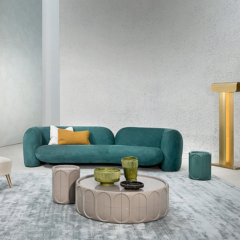 Moderne minimalistische graue Fiberglas-Basis große rundenatürliche Marmor-Top-Couchtische Wohnzimmermöbel