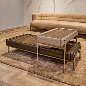 Italienische minimalistische Kombination Nesting Design Edelstahl Beine Rechteck Natürliches Holz Endtisch Leder Couchtisch Set