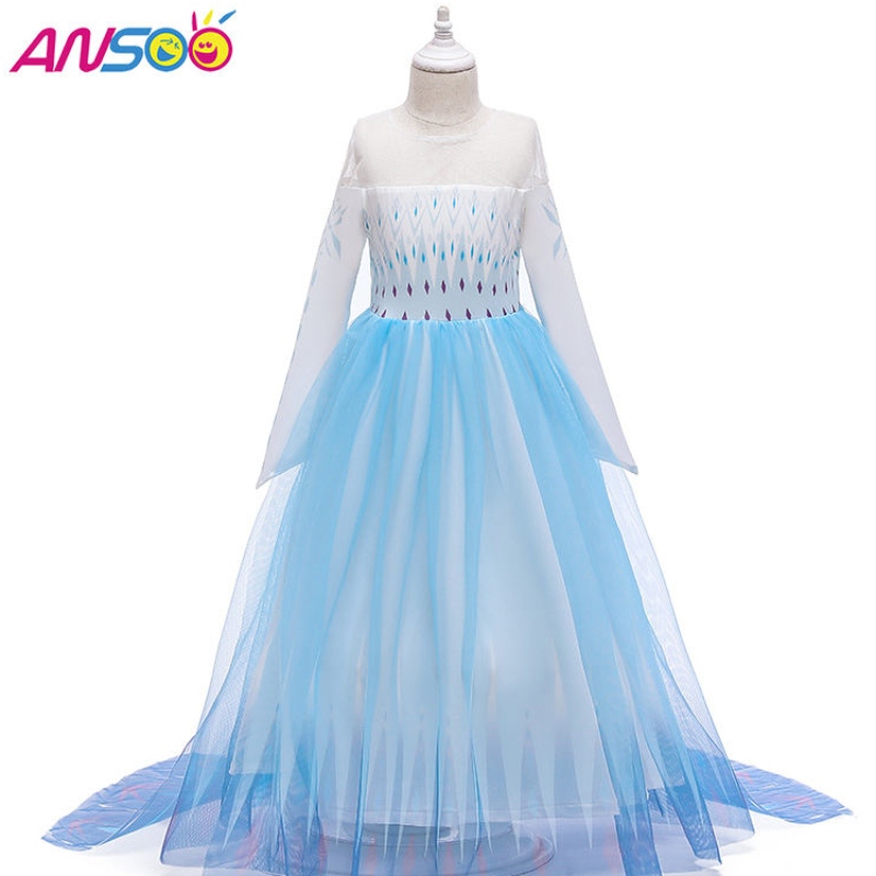 Ansoo Snow Queen 2 Cosplay Girls Kleid Sommer Casual Mesh Prinzessin Kleider Party Performance Kostüm 4-12 Jahre Kinder Elsa Kleider