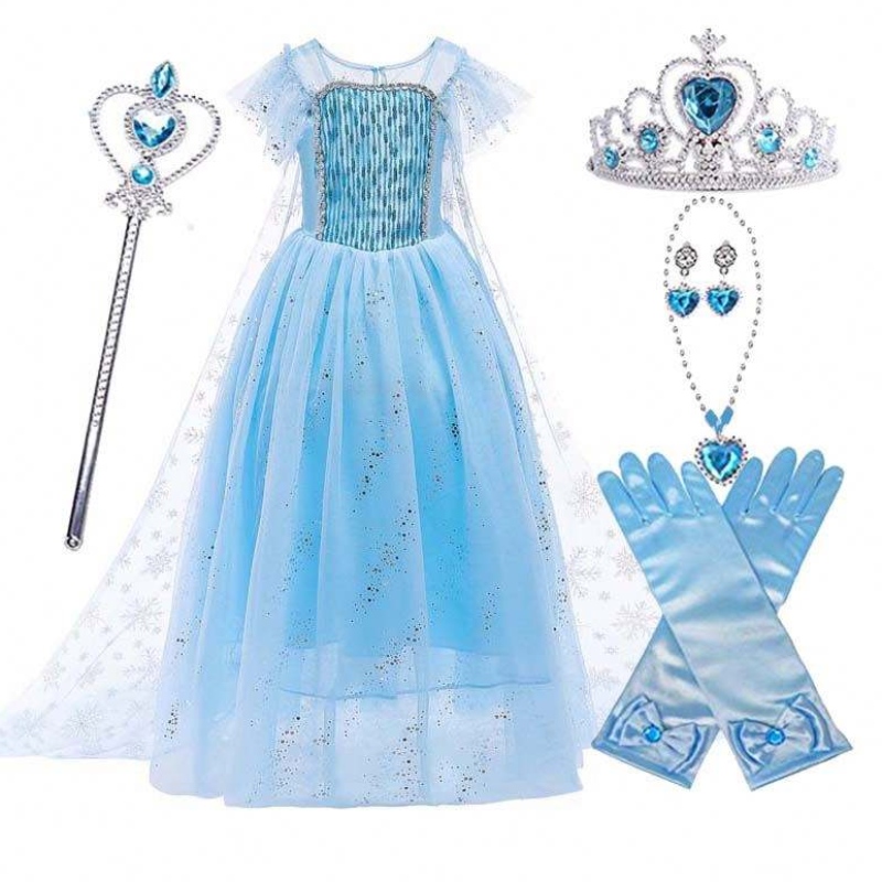 Top-Qualität kleine Mädchen Halloween Party Blue Elsa Prinzessin Kleid HCGD-018