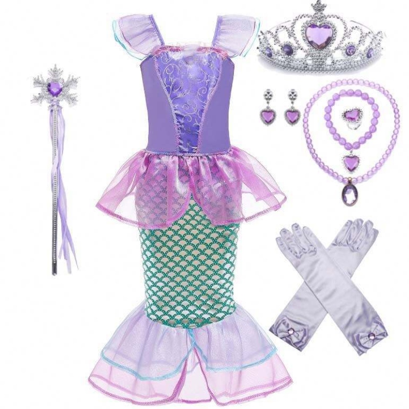 Dress Up Party Little Girls Mermaid Prinzessin Meerjungfrau Kostümmädchen mit Handschuhen Krone Zauberstab 3-10 Jahre DGHC-028