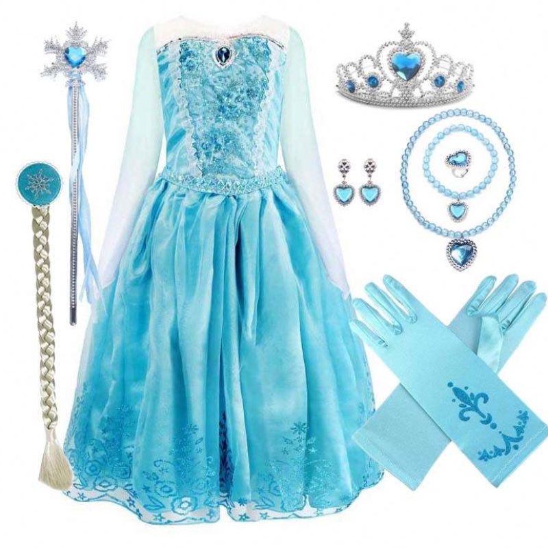 Kinder Geburtstags Festzug Cosplay 2-10y Paillette Blue Long Sleeve Halloween Prinzessin Elsa Kleid Cosplay HCGD-039