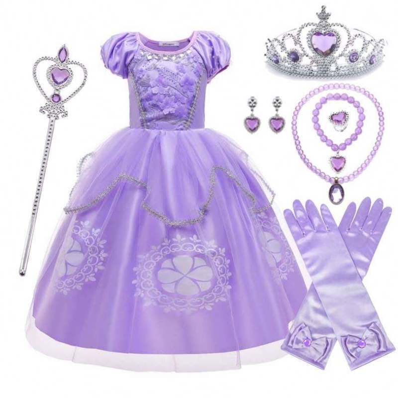 Fancy Party Purple Kids Puff Sleeve Prinzessin Sofia Halloween Kostüm mit Accessoires HCRS-005