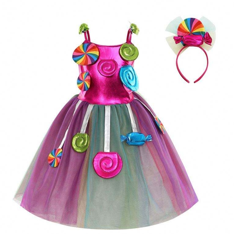Girls Geburtstagswettbewerb Dress Up Rainbow Tüll Kleider Candyland Kostüme mit Stirnband DGHC-081