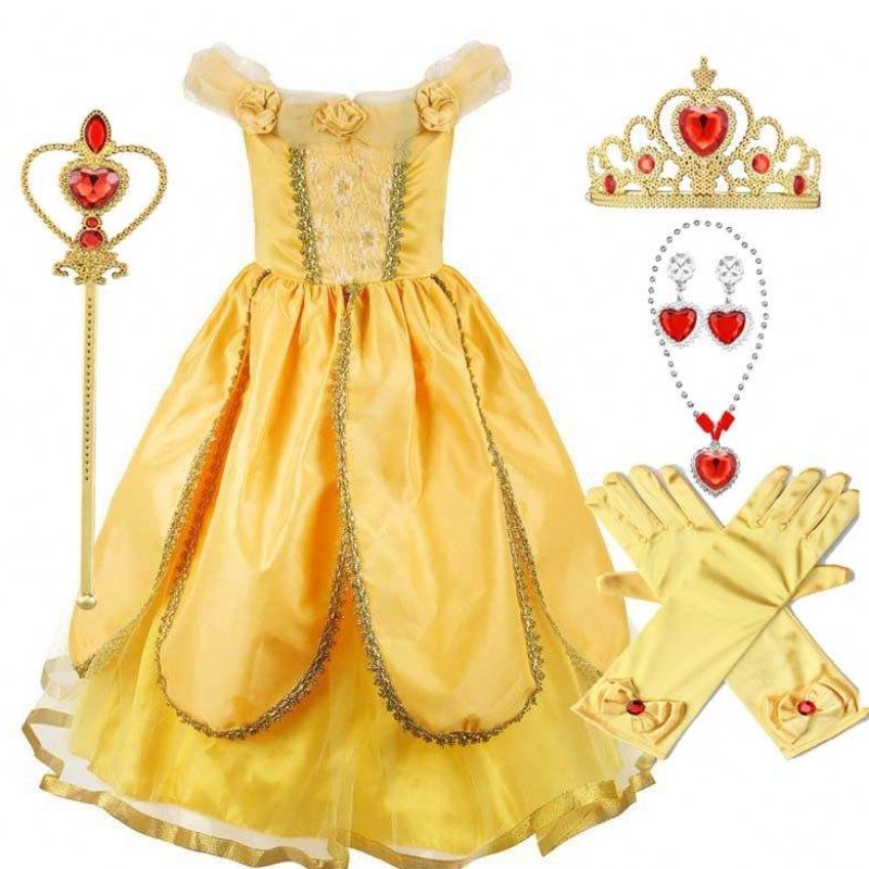 2022 Neuankömmlinge Little Kid Ball Kleid Halloween Party Cosplay Mädchen Prinzessin Belle Beauty Kostüm HCBL-004