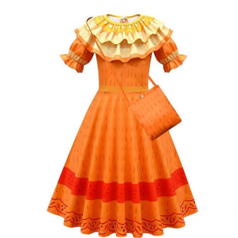 Neues Produkt 2022 Kinder Mädchen Mirabel Madrigal Cosplay-Outfit Dress Up Encanto Isabela Kleid mit Tasche Perücken HCIS-006
