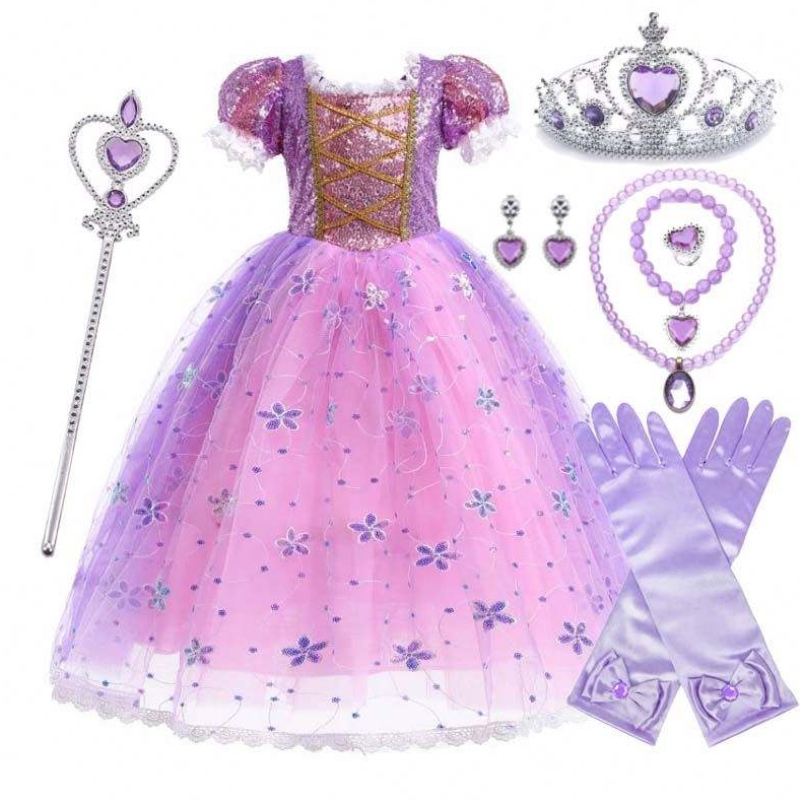 Girls Princess Kostüm Rapunzel Puff Sleeve Pailletten Cosplay Kleid lila mit Accessoires HCRS-007