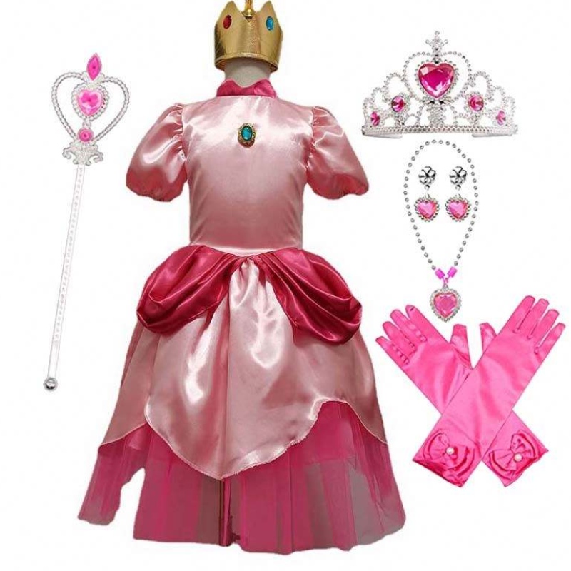 Carnival Cosplay Baby Girls Party Weihnachten Super Bruder Cartoon Pink Prinzessin Pfirsich Kostüm mit Crown HCMU-006