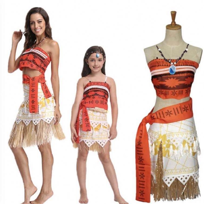 Halloween Party Erwachsener Kinder Cosplay Vaiana Prinzessin Moana Erwachsener Kostümkleid mit Halskette HCMO-005