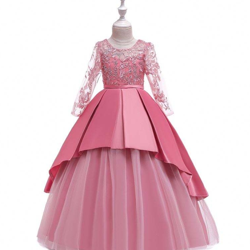 Boutique Langarm Prinzessin Abendkleider Baby Girl Geburtstag Hochzeitsfeierkleid mit Blumen LP-233